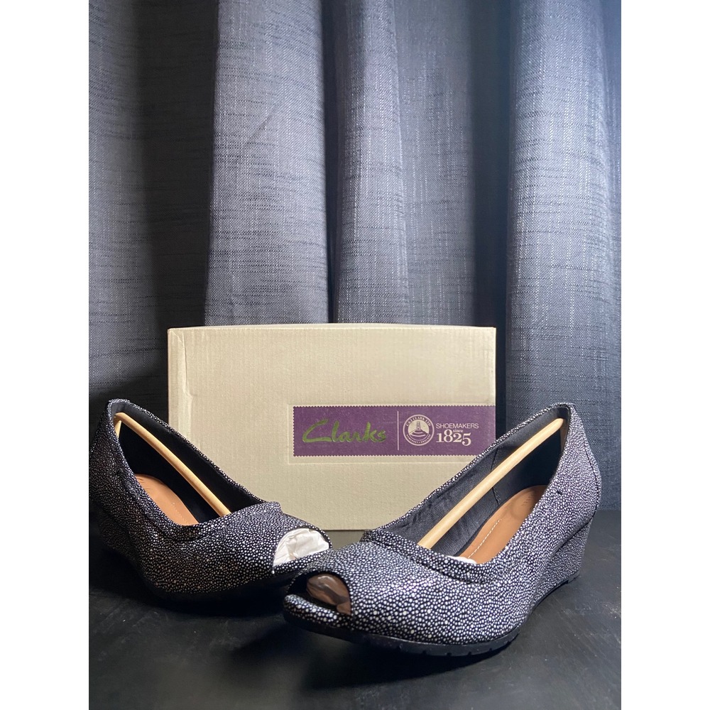 Clarks Adriel Cass Black White Dot Peep Toe Wedge Pumps 26124315 Size‎ 7M